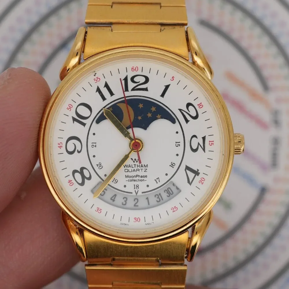 Waltham MoonPhase Collection Quartz Watch 32mm Gold Tone New Battery